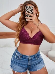 Plus Floral Lace Underwire Bra - Maroon - View 1