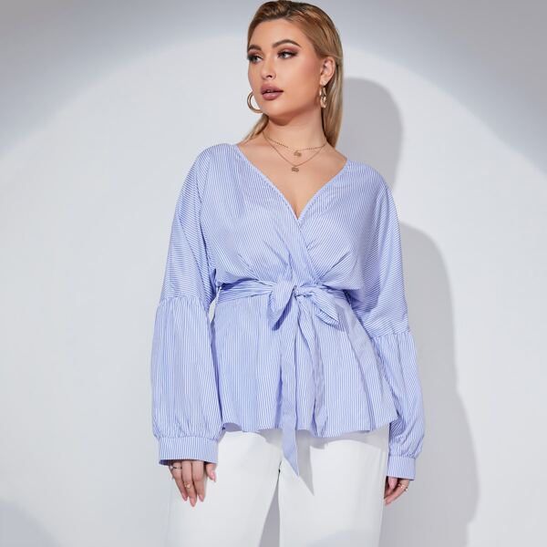 

Plus Striped Batwing Sleeve Belted Blouse, Baby blue