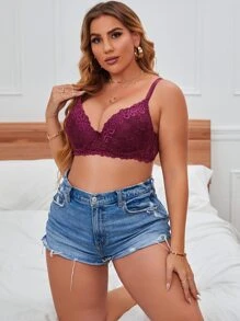 Plus Floral Lace Underwire Bra - Maroon - View 3