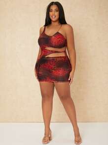 SHEIN SXY Plus All Over Print Cut Out Tie Side Mesh Bodycon Dress - Multicolor - View 3