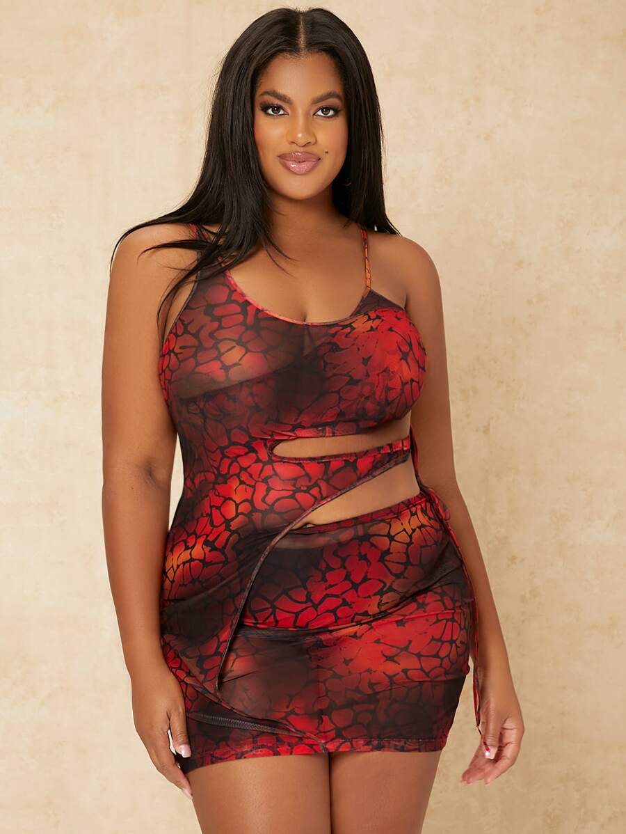 SHEIN SXY Plus All Over Print Cut Out Tie Side Mesh Bodycon Dress - Multicolor - View 1