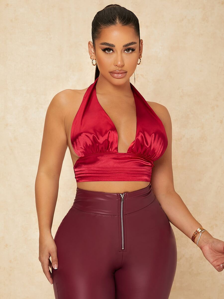SHEIN SXY Ruched Bust Tied Backless Crop Top - Red - View 1