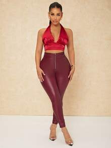 SHEIN SXY Ruched Bust Tied Backless Crop Top - Red - View 3