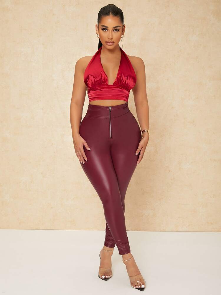 SHEIN SXY Ruched Bust Tied Backless Crop Top - Red - View 3