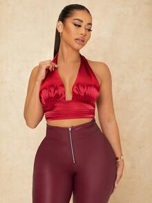 SHEIN SXY Ruched Bust Tied Backless Crop Top - Red - View 4