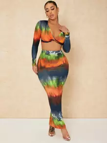 SHEIN SXY Bộ đồ hai mảnh nữ xoắn lại Cà vạt nhuộm Gợi cảm - Nhiều màu - Xem 5