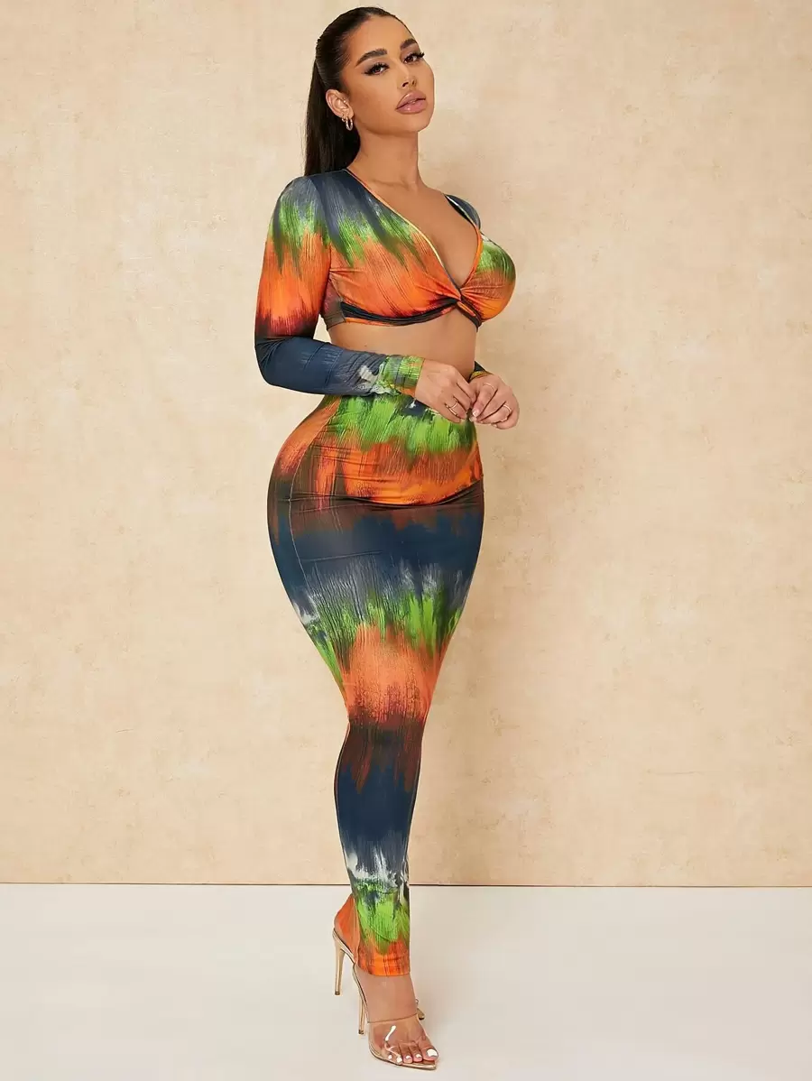 SHEIN SXY Bộ đồ hai mảnh nữ xoắn lại Cà vạt nhuộm Gợi cảm - Nhiều màu - Xem 1