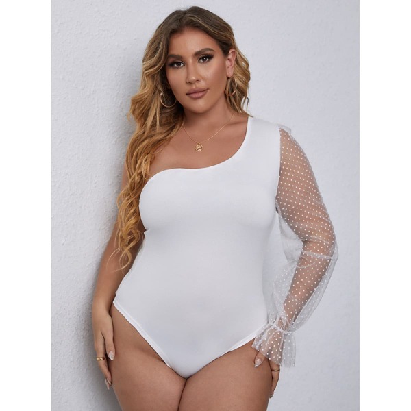 

Plus Solid Contrast Mesh Sleeve Bodysuit, White