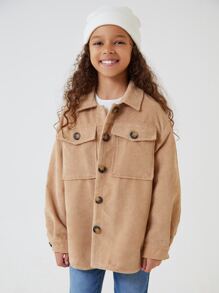 SHEIN Girls Button Up Dual Pocket Cord Coat - Khaki - View 1