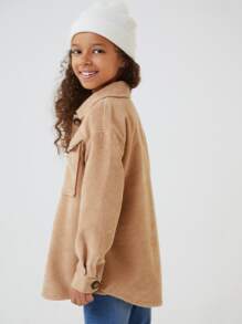 SHEIN Girls Button Up Dual Pocket Cord Coat - Khaki - View 3