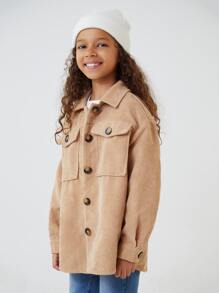 SHEIN Girls Button Up Dual Pocket Cord Coat - Khaki - View 4