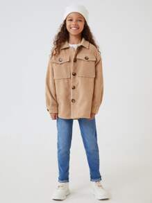 SHEIN Girls Button Up Dual Pocket Cord Coat - Khaki - View 5