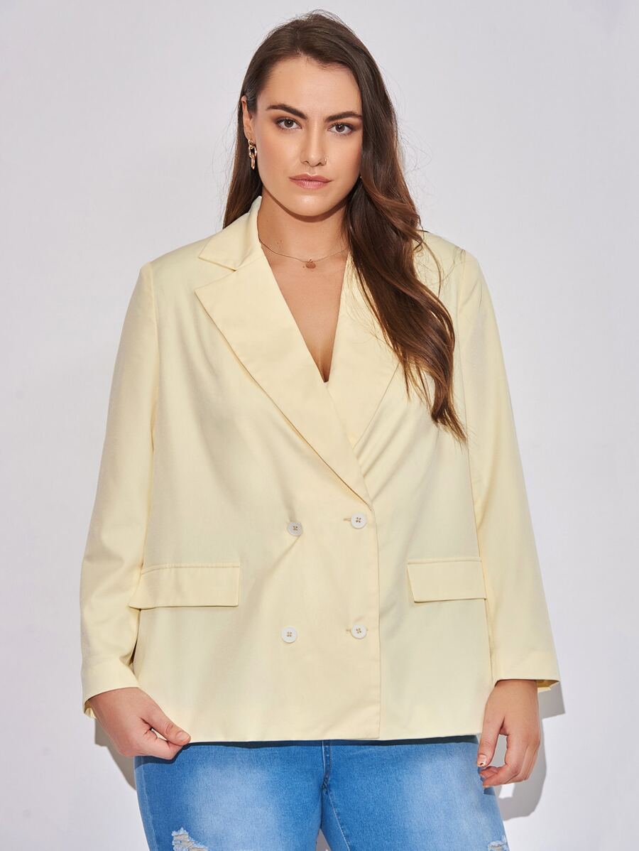 SHEIN Unity Plus Lapel Neck Double Breasted Blazer - Yellow - View 1