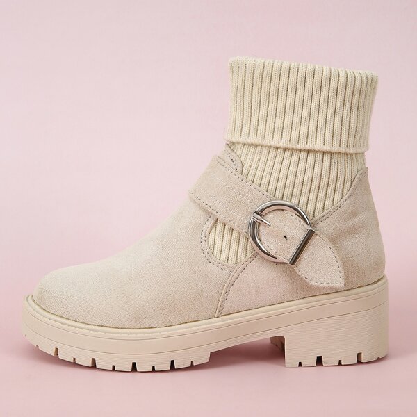 

Buckle Decor Slip On Chunky Boots, Beige