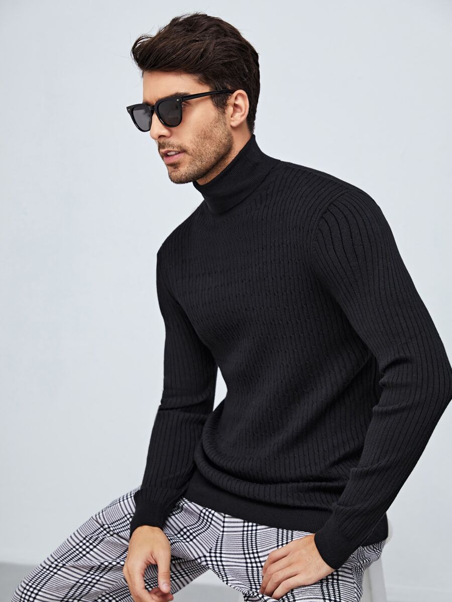 Manfinity VCAY Jersey de cuello alto texturizado de punto para hombre, para otoño e invierno - Negro - Ver 1