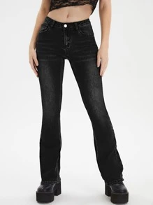 Jeans de pierna amplia con bolsillo oblicuo - Negro - Ver 1