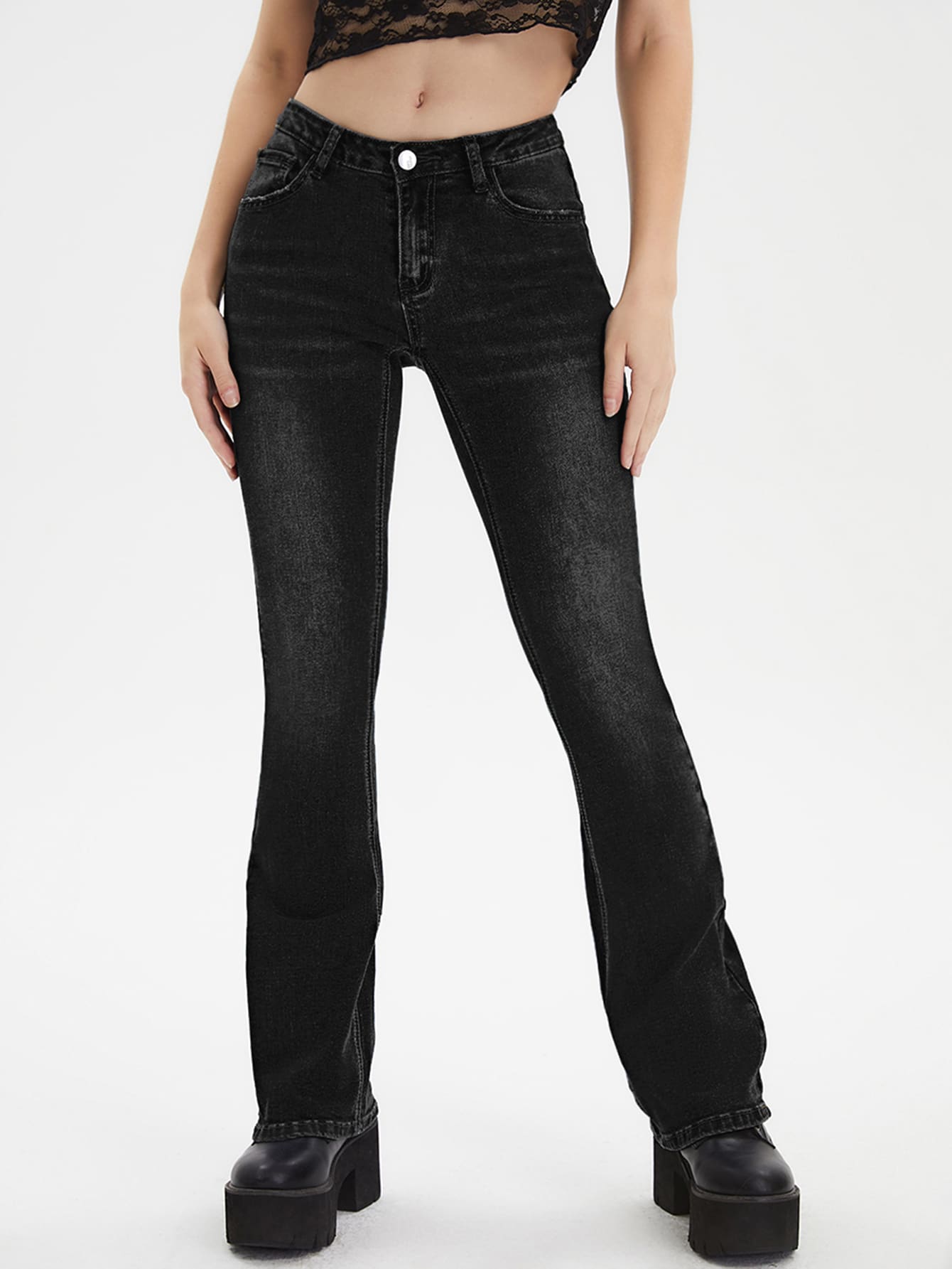 Jeans de pierna amplia con bolsillo oblicuo - Negro - Ver 1