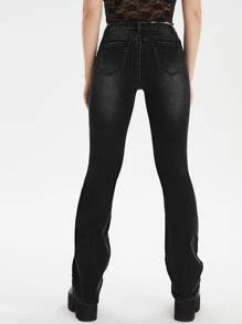 Jeans de pierna amplia con bolsillo oblicuo - Negro - Ver 2