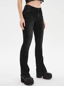 Jeans de pierna amplia con bolsillo oblicuo - Negro - Ver 4