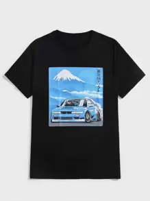 ROMWE MEN Men Cotton Car & Mountain Graphic Tee - Black - View 1