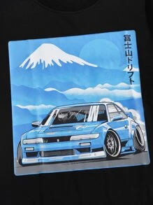 ROMWE MEN Men Cotton Car & Mountain Graphic Tee - Black - View 4