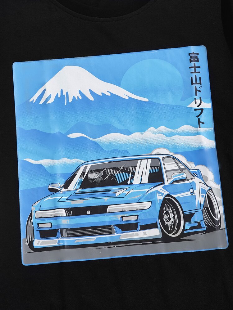 ROMWE MEN Men Cotton Car & Mountain Graphic Tee - Black - View 4