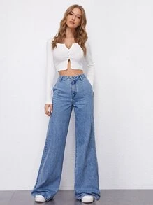 Jeans palazzo de talle alto - Azul lavado medio - Ver 1