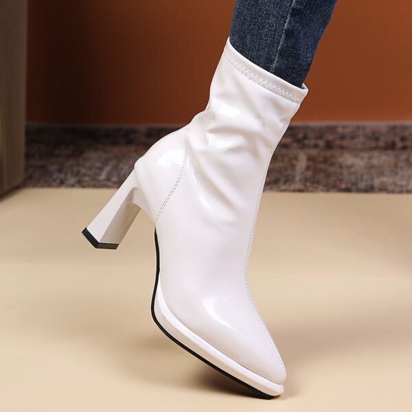 

High Heeled Mid Calf Boots, Beige