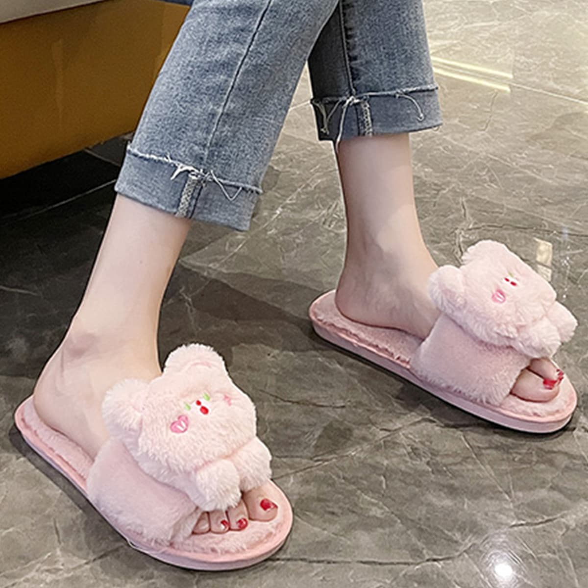 

Cartoon Decor Open Toe Fluffy Slippers, Pink