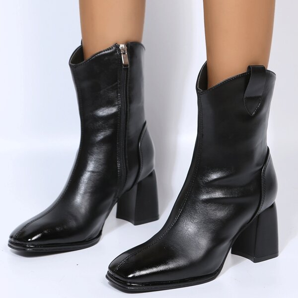 

Side Zipper Square Toe Chunky Heeled Boots, Black
