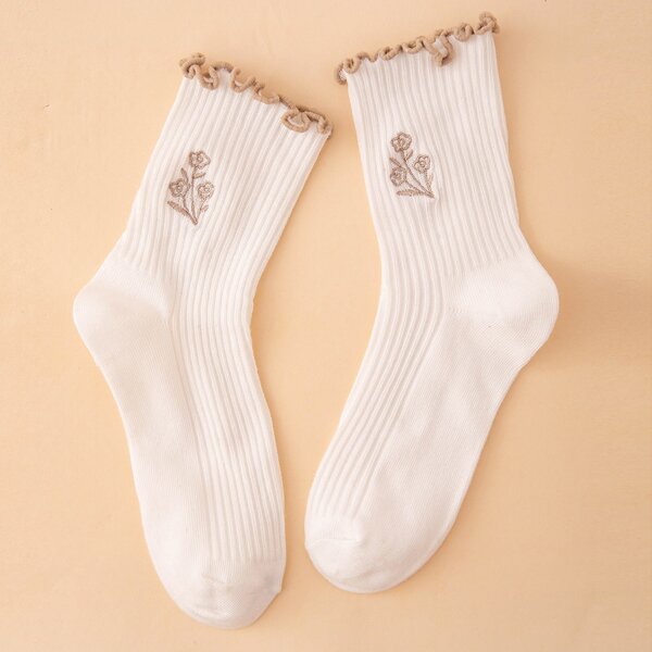 

Flower Embroidered Frill Trim Socks, White