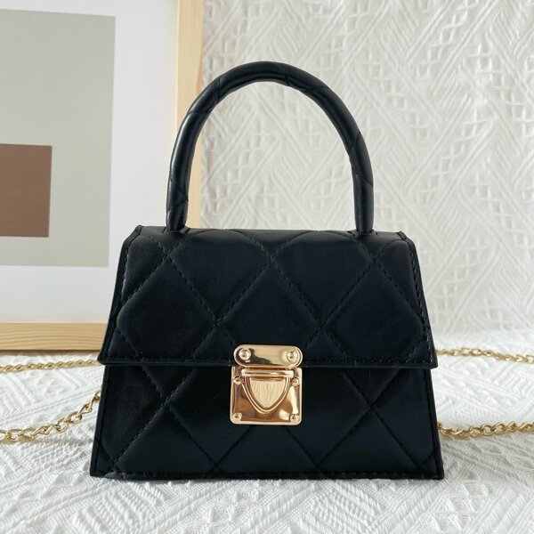 

Quilted Push Lock Satchel Bag, Black