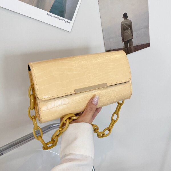 

Croc Embossed Flap Baguette Bag, Yellow