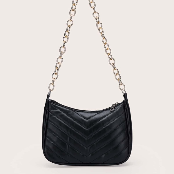 

Quilted Pattern Chain Baguette Bag, Black