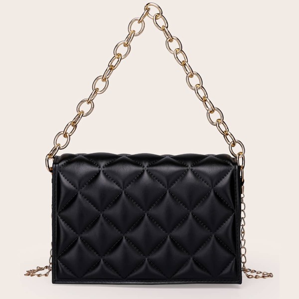 

Quilted Flap Chain Satchel Bag, Black