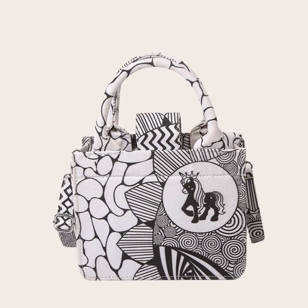 

Cartoon Graphic Satchel Bag, Black and white