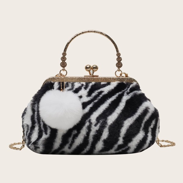 

Zebra Striped Pattern Kiss Lock Satchel Bag, Black and white