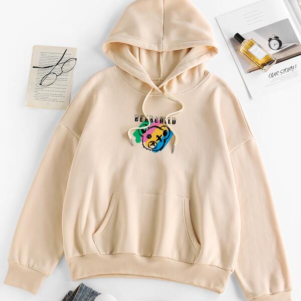 

Cartoon & Letter Graphic Drawstring Hoodie, Apricot