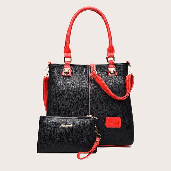 

Letter Embossed Tote Bag With Purse, Black