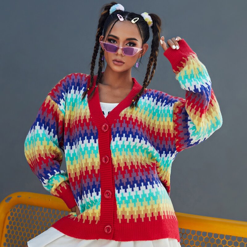 

Graphic Pattern Contrast Trim Drop Shoulder Cardigan, Multicolor
