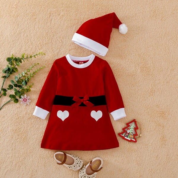 

Baby Christmas Heart Print Bow Front Dress With Hat, Red