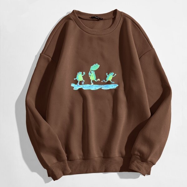 

Cartoon Frog Print Thermal Pullover, Chocolate brown
