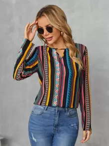 SHEIN 幾何印花和條紋圖案鏤空襯衫 - 彩色 - 查看 1