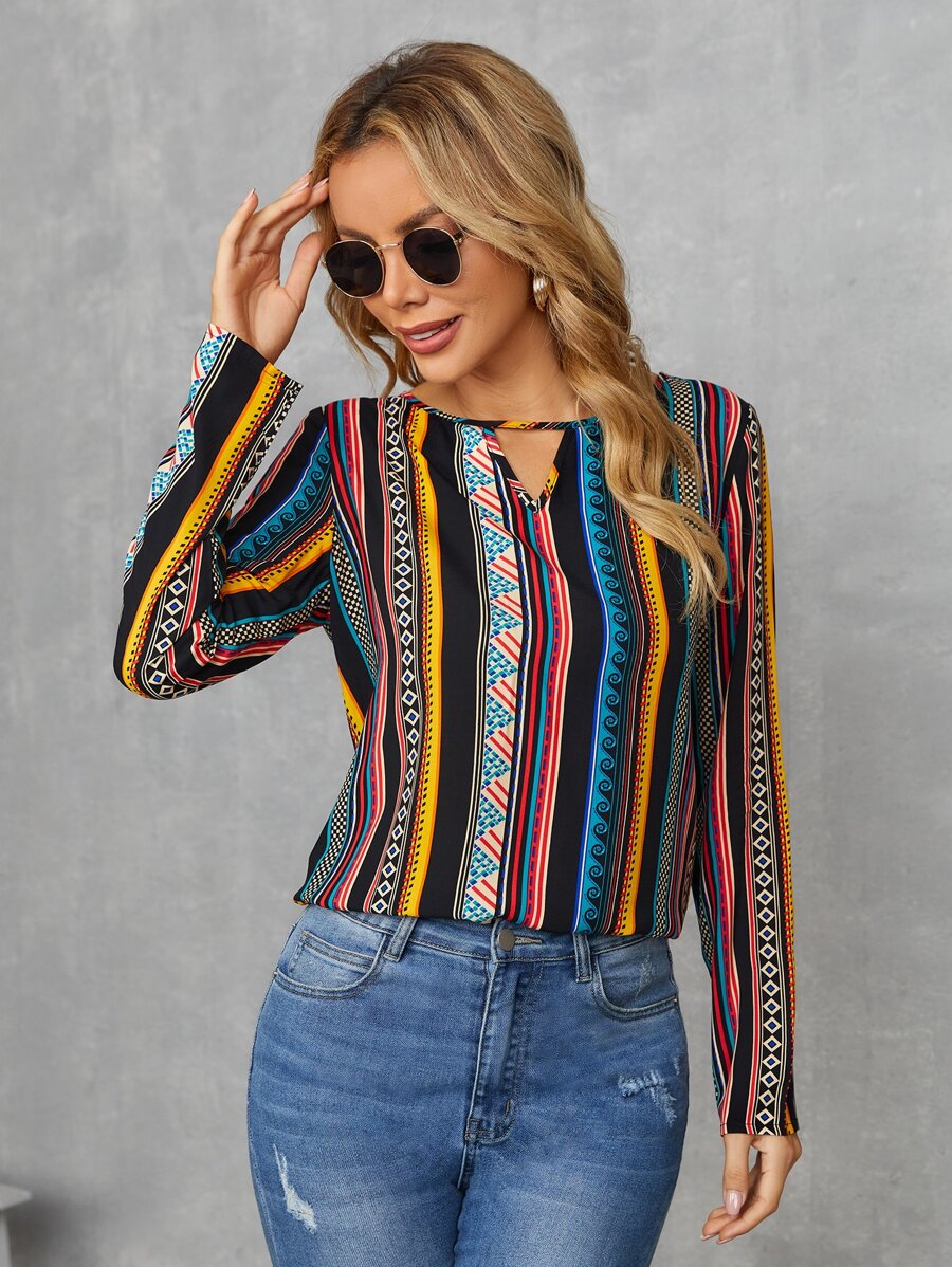 SHEIN 幾何印花和條紋圖案鏤空襯衫 - 彩色 - 查看 1