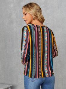 SHEIN 幾何印花和條紋圖案鏤空襯衫 - 彩色 - 查看 2