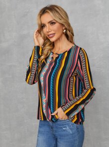 SHEIN 幾何印花和條紋圖案鏤空襯衫 - 彩色 - 查看 3