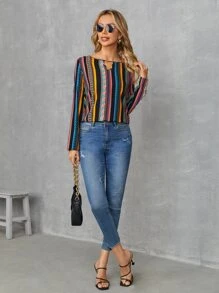 SHEIN 幾何印花和條紋圖案鏤空襯衫 - 彩色 - 查看 4