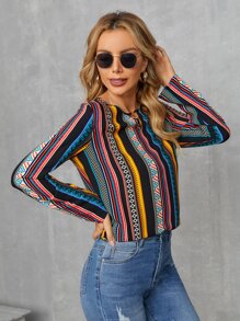 SHEIN 幾何印花和條紋圖案鏤空襯衫 - 彩色 - 查看 5