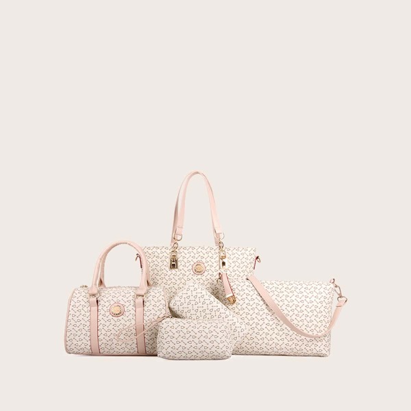 

5pcs Geo Graphic Tote Bag Set, Beige