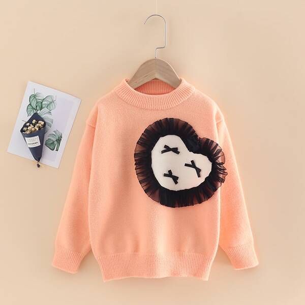 

Girls Contrast Mesh Frilled Bow Front Drop Shoulder Sweater, Coral orange